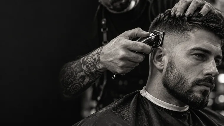 Barbeiro realizando um corte com máquina