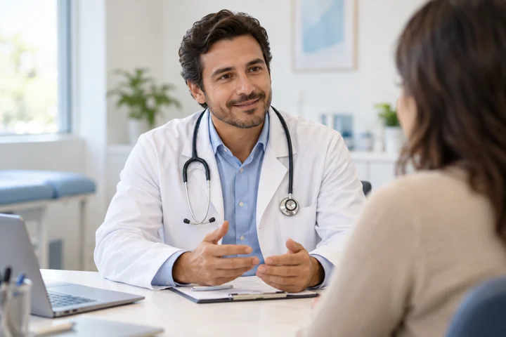 Médico conversando com uma paciente durante consulta
